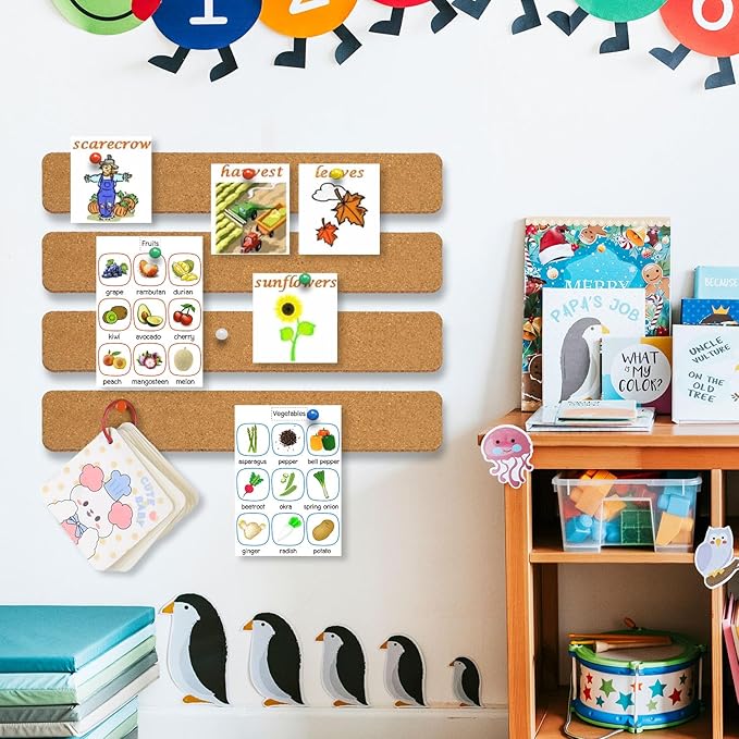 Cork Strips for Walls, 3Pcs Self Adhesive Cork Board for Office with 20 Pushpins for Paste Notes, Photos, Earrings, Necklaces, Mini Cork Board for Desk