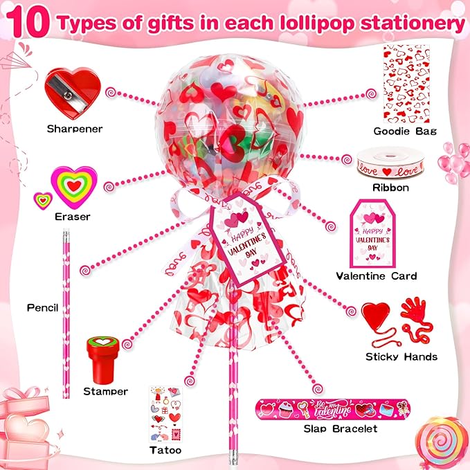 CZWZ 272Pcs Giant Lollipop Valentine Classroom Gifts, 24 Set Giant Lollipop with Pencils, Stickers, Erasers for Classroom School Exchange Valentine Party Favors Supplies