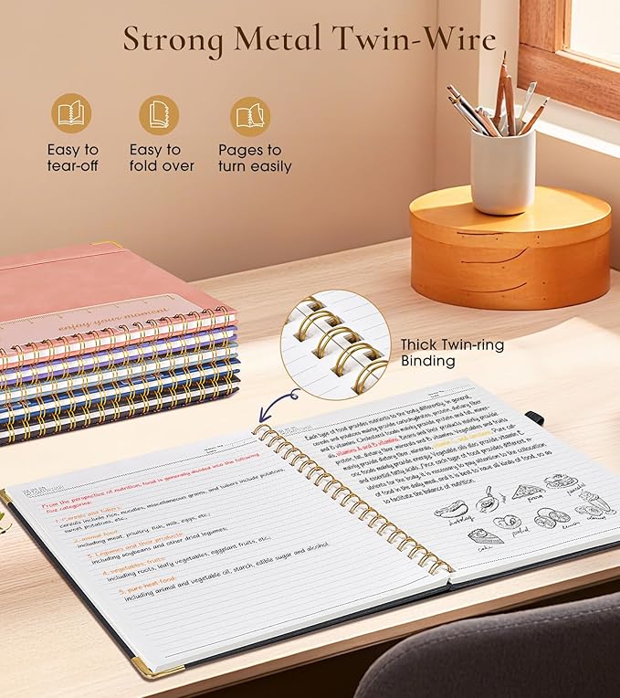 Hardcover Spiral Notebook Journal 8.5” x 11”, A4 Large Leather Notebooks for Women Men, Lined College Ruled Notebook, 100 GSM Paper, Spiral Bound Journals for Work School Note Taking Business, Black