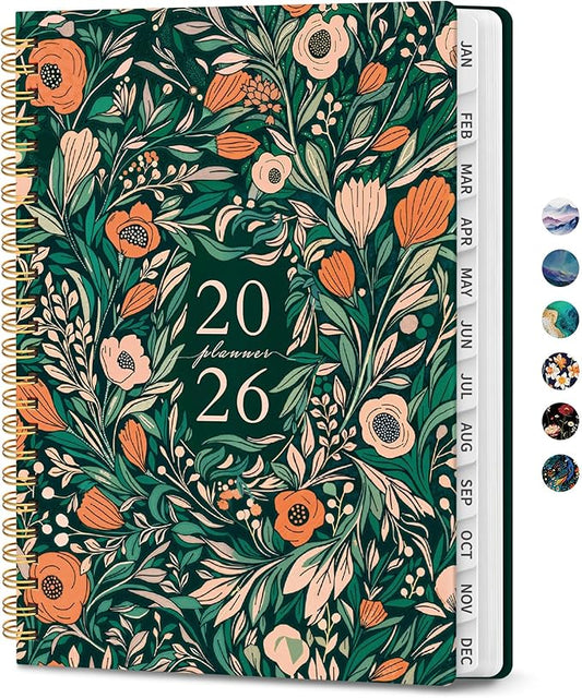 2026 Planner, Weekly and Monthly Calendar Planner for Women, Jan 2026 - Dec 2026, Hardcover Planning Agenda book with Tabs, Spiral Bound, Inner Pocket, Perfect for School Office Supplies, 6.3" x 8.5" - Verdant Bloom