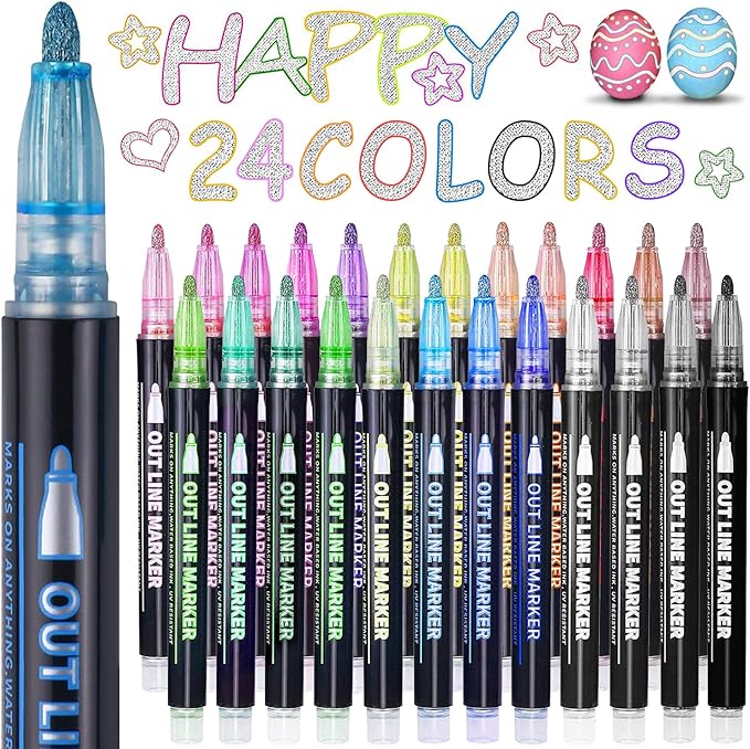 Easter Basket Stuffers, Outline Glitter Markers, Easter Basket Stuffers for Teens, Teen Girl Gifts Trendy Stuff, 24 Outline Markers, Art Supplies for Kids 9-12, Gift for 4-12 Year Old Girls