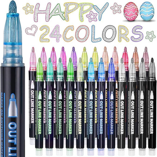 Easter Basket Stuffers, Outline Glitter Markers, Easter Basket Stuffers for Teens, Teen Girl Gifts Trendy Stuff, 24 Outline Markers, Art Supplies for Kids 9-12, Gift for 4-12 Year Old Girls