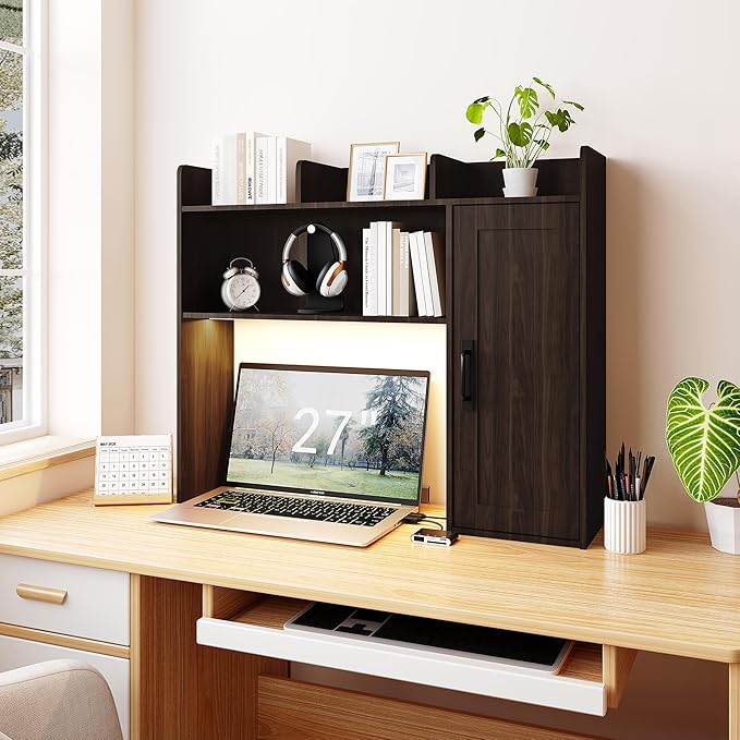 Desktop Bookshelf, Wooden Desk Hutch with LED Lights, Desktop Shelf with 6 Shelves and Power Outlets, Office Desk Organizer, Over Desk Storage Shelves for Dorm, Home, Walnut
