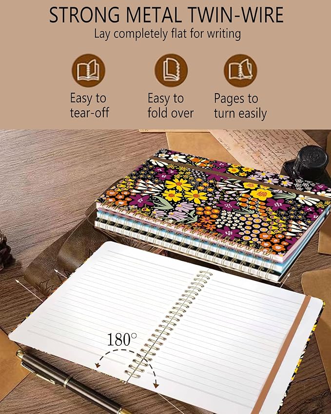 Spiral Journal Notebook, A5 Cute Notebooks for Women Men, College Ruled Hardcover Notebook for Work & Note Taking, 60 Pages Double-Wire Journals for Writing, Colorful Flowers