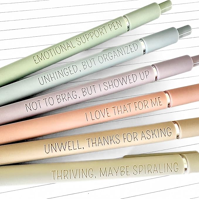 6-Pen Set | Unhinged But High-Functioning Engraved Soft-Touch Gel Pens｜Snarky Sarcastic Emotional Support Pens｜Office Supplies (Silver Pastel)