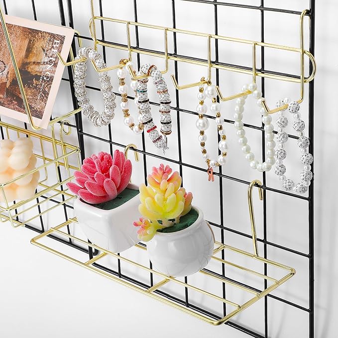 Metal Mesh Wall Grid Panel Hanging Basket,Display Shelf,Pen Holder,Hooks Rack,Bookshelf,Decorative Desk Storage Organizer for Office,Study,Set of 5 (Gold)