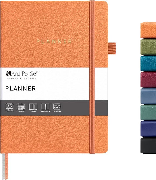 And Per Se Undated Planner – A5 Leather Hardcover Weekly & Monthly Goal Planner for 72 Weeks (1.5 Years) – with Goal & Habit Tracker (Pumpkin Orange)