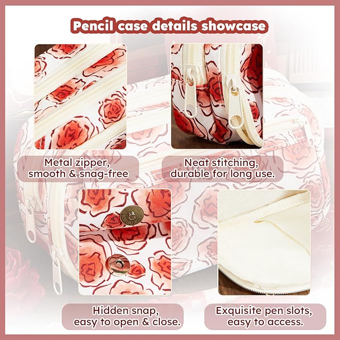 Rose Large Pencil Case Pouch Coquette Aesthetic Floral Big Stationery Bag with 50pcs Rose Stickers for Office College Makeup Adults
