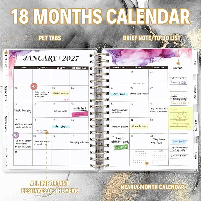 Planner 2026-2027, Large 18 Months Academic Daily Weekly Monthly Planner Yearly Agenda Jan. 2026–June. 2027, 7.9" x 9.8", Page Tabs, Separator Page, Pocket Folder, Bookmark, Stickers, Sticky Note Set