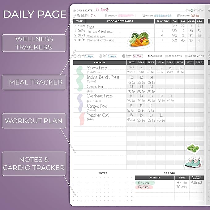 Clever Fox Fitness Journal PRO – Daily Workout Planner with Meal Planner & Habit Tracker – Gym Exercise Log Book for Women & Men – Fitness Planner Notebook – Lasts 6 Months, 7x10” - Purple
