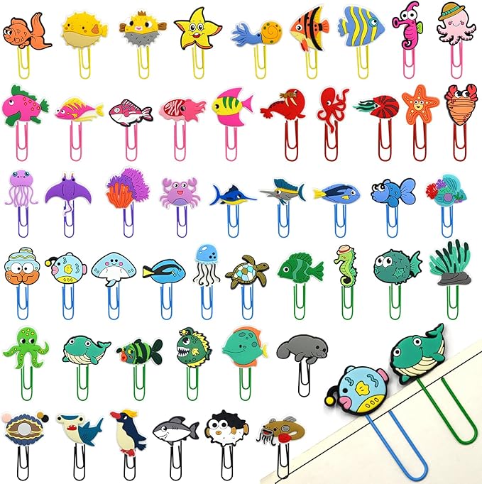 Cute Paper Clips, 50Pcs Ocean Animals Bookmark Paperclips Bulk Metal Fun Sea Animals Planner Clip Clamp Desk Accessories Stationery Colorful Office Supplies Gifts for Student Teacher Party Decorative
