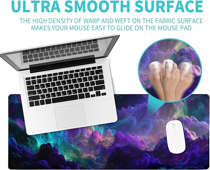 Dazzling Galaxy Gaming Mouse Pad Abstract Blue Desk Mat 31.5x11.8 Inch Starry Sky Texture Non-Slip Rubber Base Large Mousepad Stitched Edges Keyboard Mouse Mat Desk Pad for Office and Home