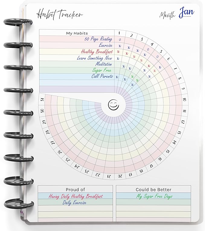 Color Habit Tracker Inserts for 9-Disc Discbound Planners Resolution Tracker, Habit Log, Habit Planner Fits 9-Disc (7 x 9.25 inches) Classic Happy Planner, NOTIQ Midi 9-Disc (L2), Ink (9-Disc Classic)