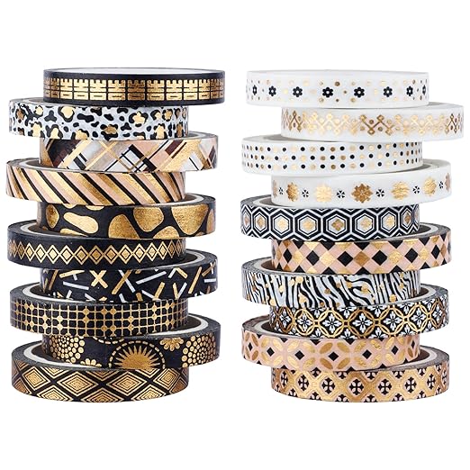 20 Rolls Skinny Washi Tape Set Black Gold Foil Print Decorative Tapes for DIY Art Craft Scrapbook Bullet Journals Planners Party Decor Gifts Wrapping, 7mm