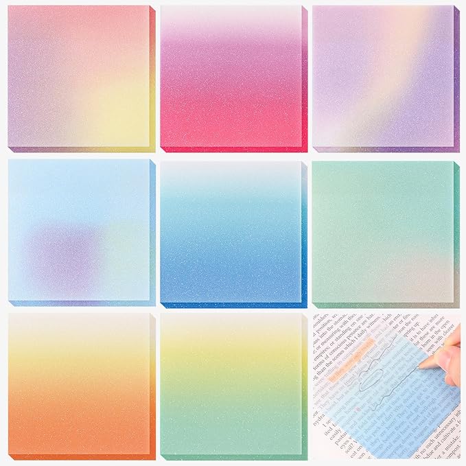 400 Sheets Gradient Transparent Sticky Notes 3 x 3 Inch Clear Pastel Aesthetic Self-Adhesive Sticky Notes for Annotating Bible Journaling Office College Supplies, 8 Pads