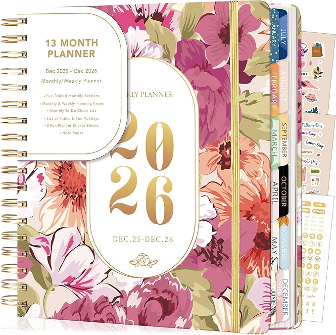 CAGIE 2026 Planner Weekly and Monthly Dec 2025-Dec 2026 Hardcover Calendar Planners with Stickers& Month Tabs for Women Spiral Bound 26 Yearly Agenda, 8.3"x9.1", Pink Floral