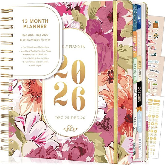 CAGIE 2026 Planner Weekly and Monthly Dec 2025-Dec 2026 Hardcover Calendar Planners with Stickers& Month Tabs for Women Spiral Bound 26 Yearly Agenda, 8.3"x9.1", Pink Floral