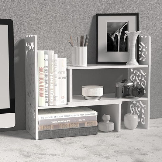 MASAKA B&W - Kawaii Storage Desktop Organizer for Your Desk Space, Double H Plants Display Shelf, Home Office Storage Rack Adjustable Stackable for Office, Dormitory (White*09)