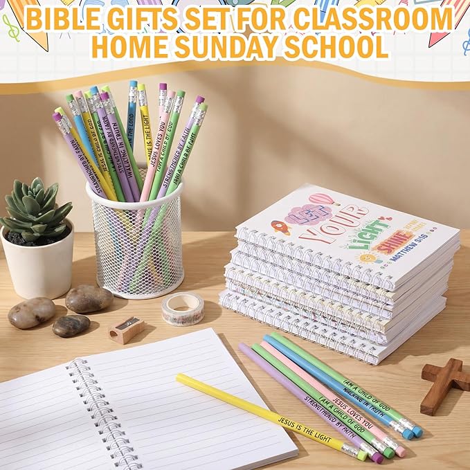 Crtiin Easter 48 Pcs Include 24 Bible Verse Notepad 24 Pencils Kids Christian Church Gifts Students Classroom Award Religious Notebook Bible Pencils Prayer Pocket School(White Jesus 2,White)