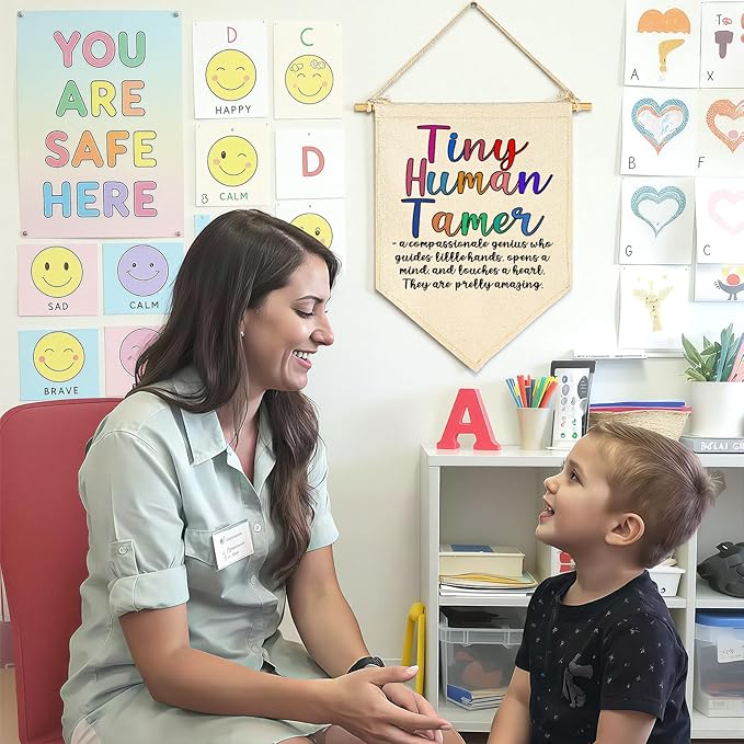 Tiny Human Tamer-Faculty Appreciation-Preschool Teacher-Thank You Gift for Nursery-End of Term Gift for Daycare Teacher,Nursery Worker-Canvas Hanging Pennant Flag Banner Wall Sign Decor