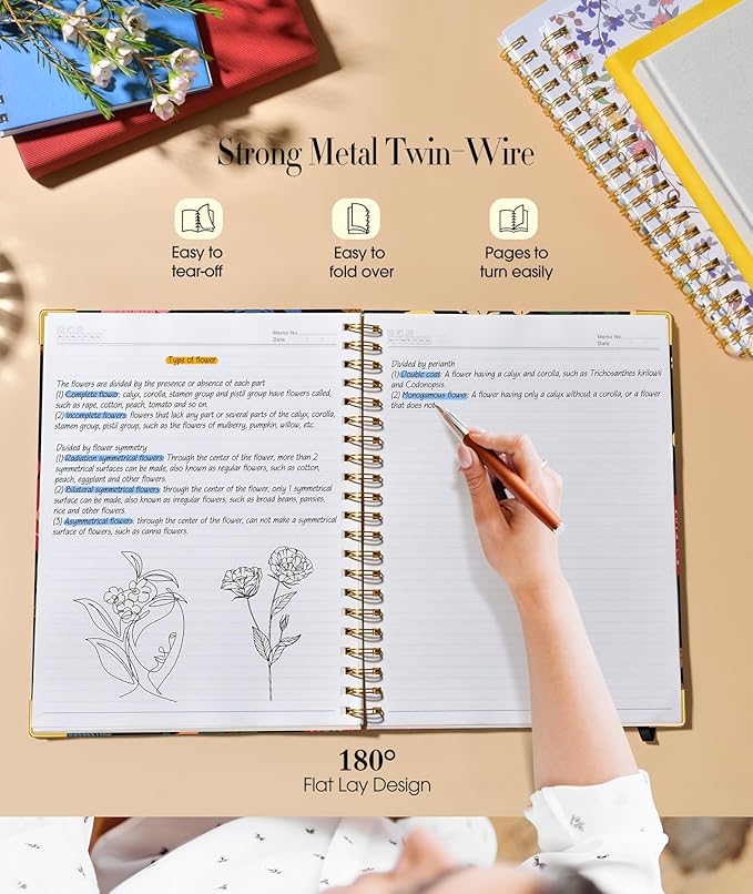 Cute Spiral Notebook Journal for Women, 160 Pages Lined Notebooks 5.75” x 8.38”, A5 Hardcover Spiral Journals with 100 GSM Thick Paper, College Ruled Notebook for Writing Work School, Rose Floral
