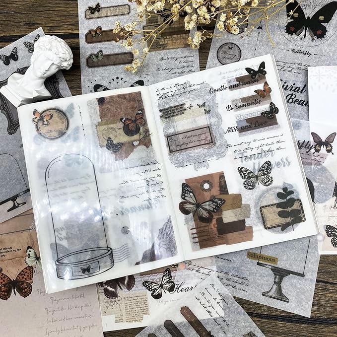 Sticker Book for Adults, 180pcs Vintage Washi Stickers for Journaling and 20 Sheets Adhesive Scrapbook Papers for Scrapbooking Aesthetic Butterfly Scrapboook Stickers for Bullet Junk Journal Supplies