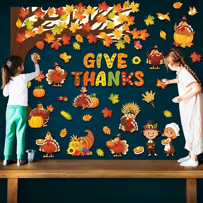 Zonon 114 Pcs Thanksgiving Bulletin Board Decorations Thanksgiving Classroom Decorations Turkey Maple Leaves Pumpkin Give Thanks Tree Bulletin Board Cutouts for Fall Harvest Home Classroom Wall Decor