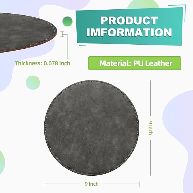 Mouse Pad，Round Mouse Pad，PU Mouse Pad，Leather Mouse Pad with Stitched Edge Micro-Fiber Base with Non-Slip Waterproof，Mouse Pad for Computers，Laptop，9 x 9 Inch (Gray)