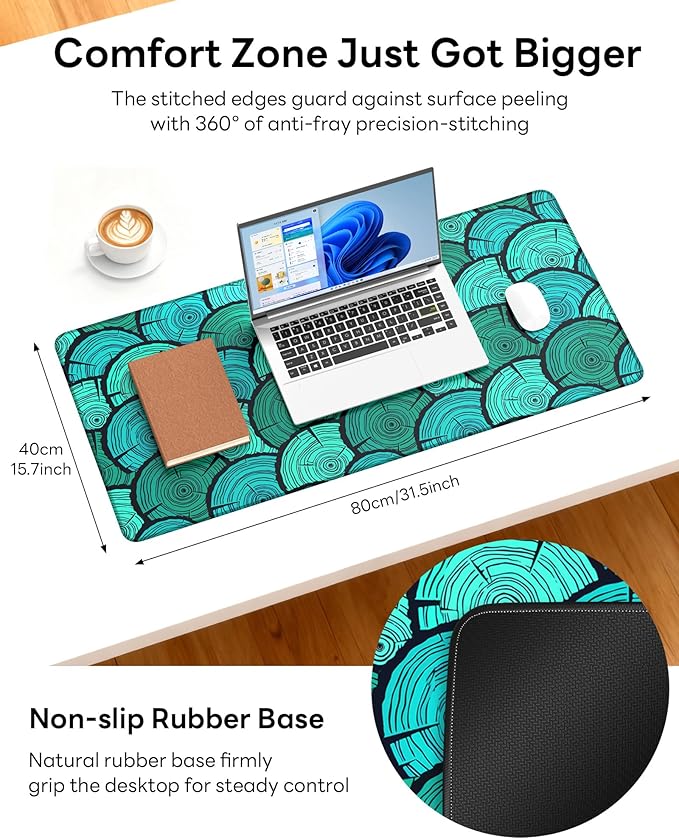 XL Gaming Mouse Pad, 31.5x17.5'' Large Desk Mat with Anti-Slip Rubber Base & Stitched Edges for Gaming, Office, Home - Annual Rings