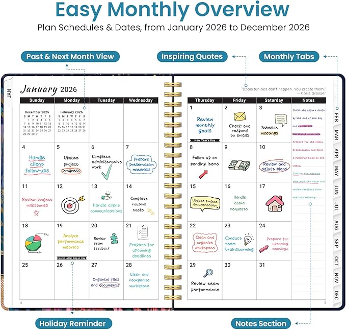 2026 Planner, Weekly and Monthly Planner for Women, January 2026 to December 2026, Pretty Hardcover 2026 Calendar Planner Book with Tabs, Inner Pocket, Spiral Bound, Perfect Office Home School Supplies - 8.5" x 11", Midnight Jungle
