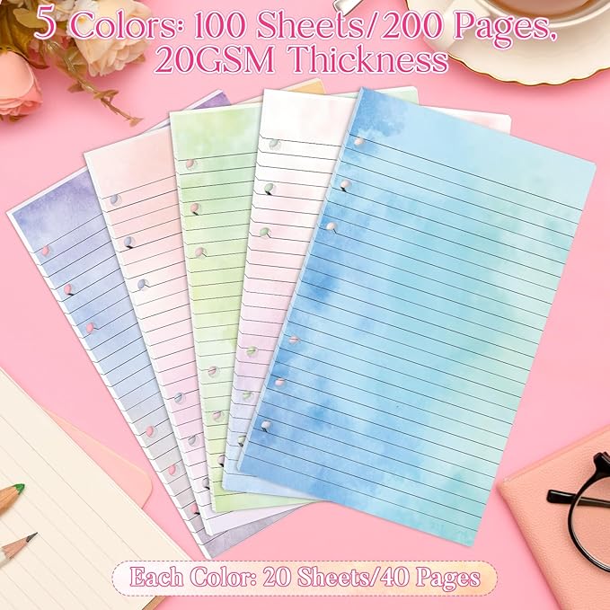 100 Sheets Gradient A5 Refill Papers for Planner Binder Insert, 120GSM Thick Loose Leaf Lined Paper, 6 Hole Notebook Filler Paper for A5 6 Ring Budget Travel Journal Diary Binder, Watercolor