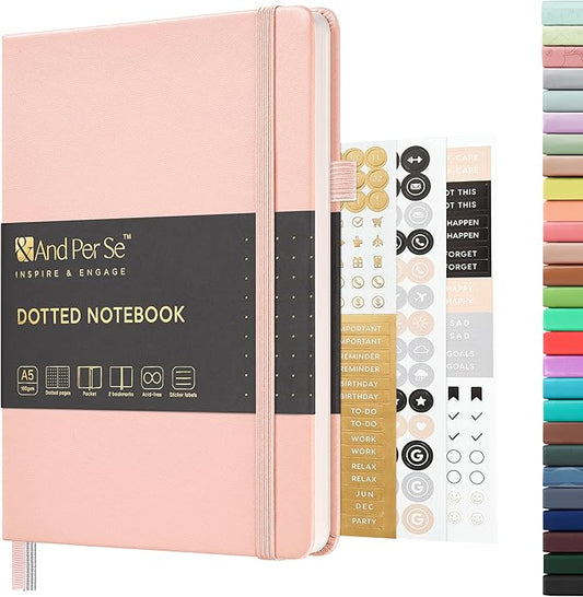 &And Per Se Dotted Journal Notebook, A5 Hardcover Leather Bullet Dotted Journal, 160 Pages 100 gsm Thick Dotted Paper, Valentine's Day Gift Journals for Her (Pink)