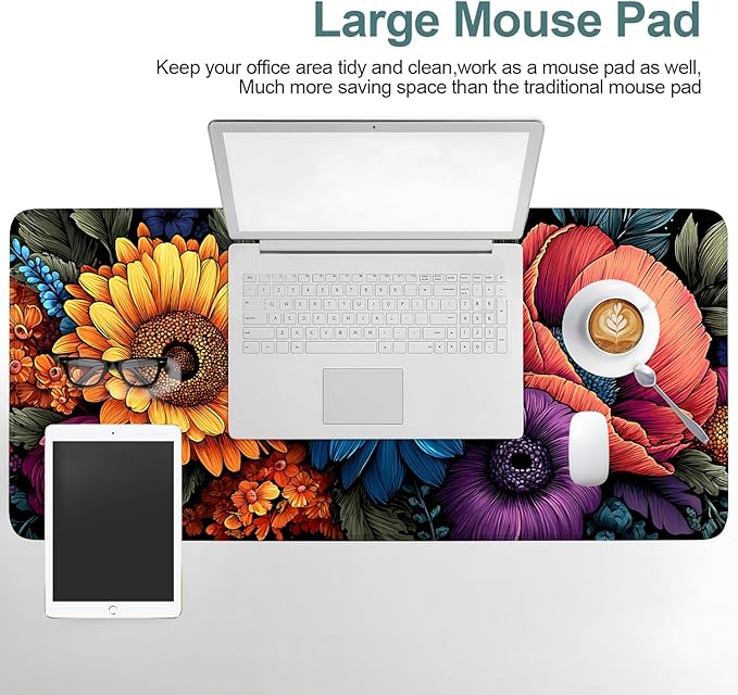 Flowers Extended Gaming Mouse Pad 35.4x15.7Inch Large Desk Mat Anti-Slip Rubber Base & Durable Stitched Edges for Gamers Smooth Mouse Writing Surface for Desk Office/Home