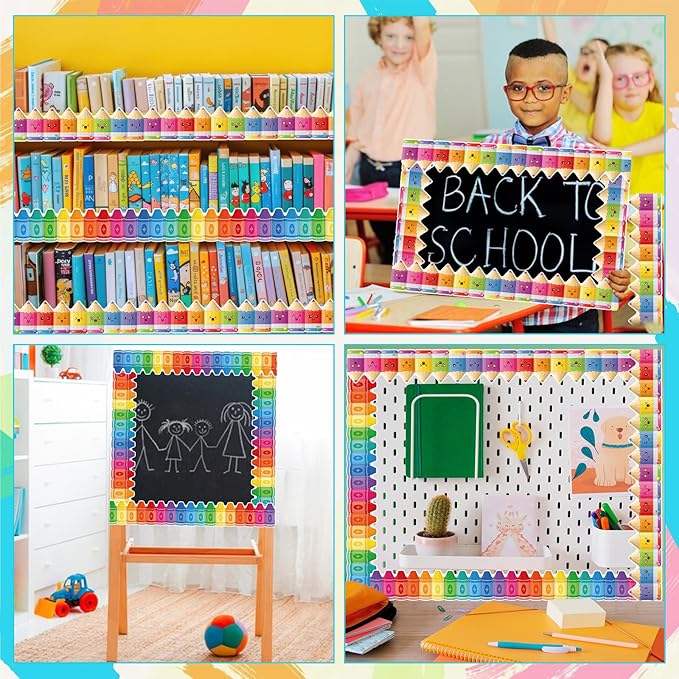 2 Rolls Pencil Crayon Border, 65.6 Ft Colorful Die-Cut Borders Crayon Pencil Classroom Bulletin Board Border Trim for Home Office Back to School Bulletin Boards Chalkboard Wall Decor