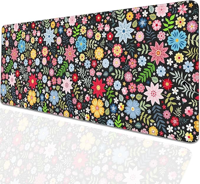 Colorful Flowers Desk Pad Mouse Pad,Large XL Floral Mouse Mat with Stitched Edges,Non-Slip Rubber Base Mousepad for Office PC Keyboard Laptop and Home Work Desk Mat(31.5X11.8 in)