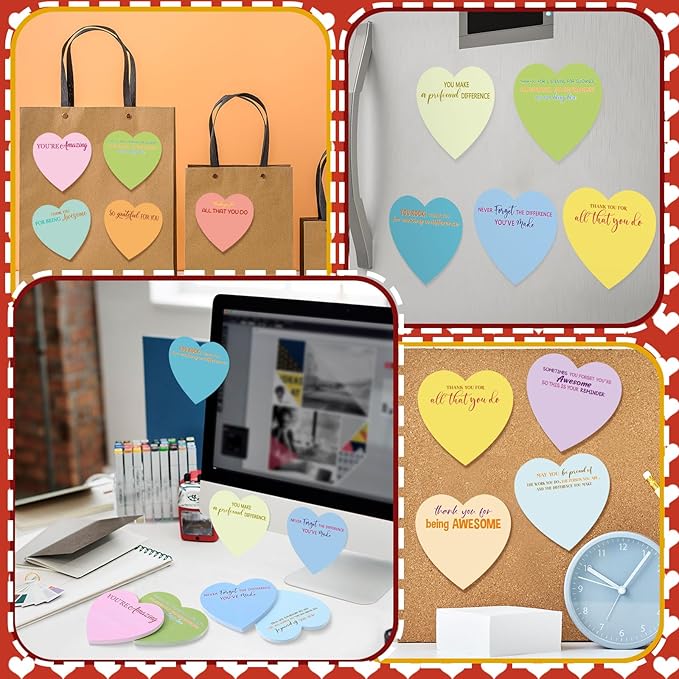 Teling 24 Pack Valentine's Day Sticky Notes Heart Shape Sticky Notes 3 x 3 Inch Thank You Notepads Bulk Cute Memo Pads for Galentines Party Gifts School Office Supplies (Pastel)