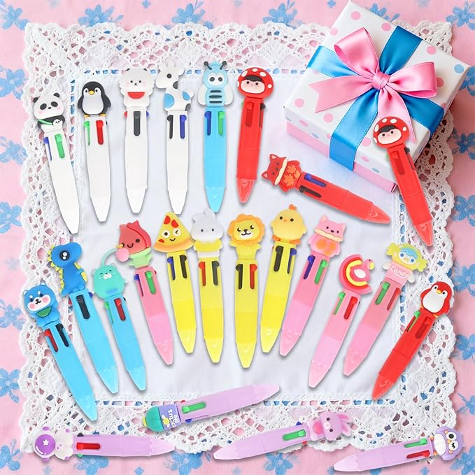 Mini Multicolor Pens in One 4-in-1, Cute Pens Bulk for Children's Party Favors and Birthdays Gifts, Fun Kawaii Cool Ballpoint Pen for Kids Classroom Prizes Teacher Supplies (Cute, 24)
