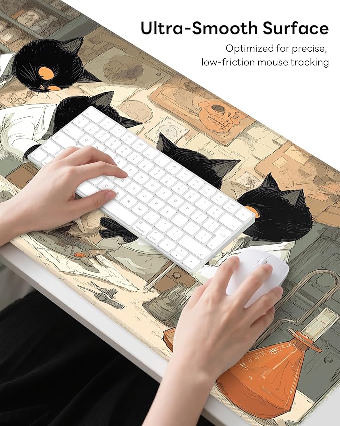 XL Gaming Mouse Pad, 31.5x17.5'' Large Desk Mat with Anti-Slip Rubber Base & Stitched Edges for Gaming, Office, Home - Professor Cat