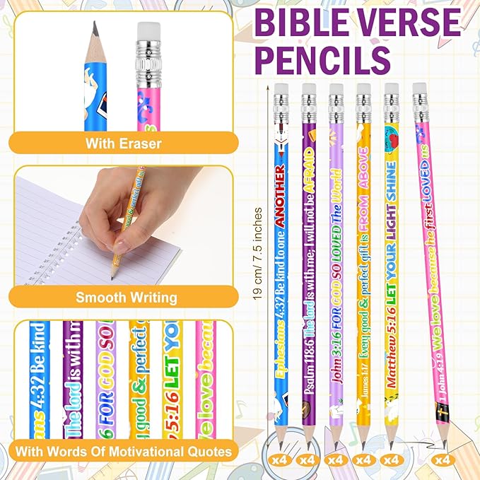 Crtiin Easter 48 Pcs Include 24 Bible Verse Notepad 24 Pencils Kids Christian Church Gifts Students Classroom Award Religious Notebook Bible Pencils Prayer Pocket School(Colorful Cross,Eclectic)