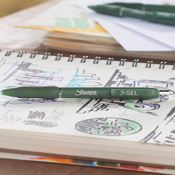 Sharpie S-Gel Gel Pens, Green Barrel, Black Ink, Medium Point (0.7mm), 4 Count - For Home, Office, College, Journaling, Drawing, Note-Taking, Writing