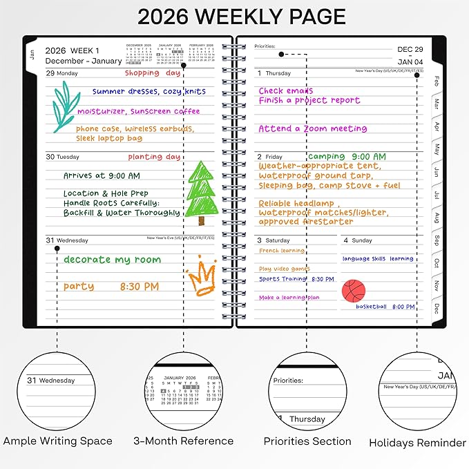 2026 Planner, Weekly ＆ Monthly Planner 2026, Jan 2026 – Dec 2026, 6.2" x 8.42", Flexible Cover, 12 Monthly Tabs, Thick Paper, Spiral Wirebound, Inner Pocket, Black