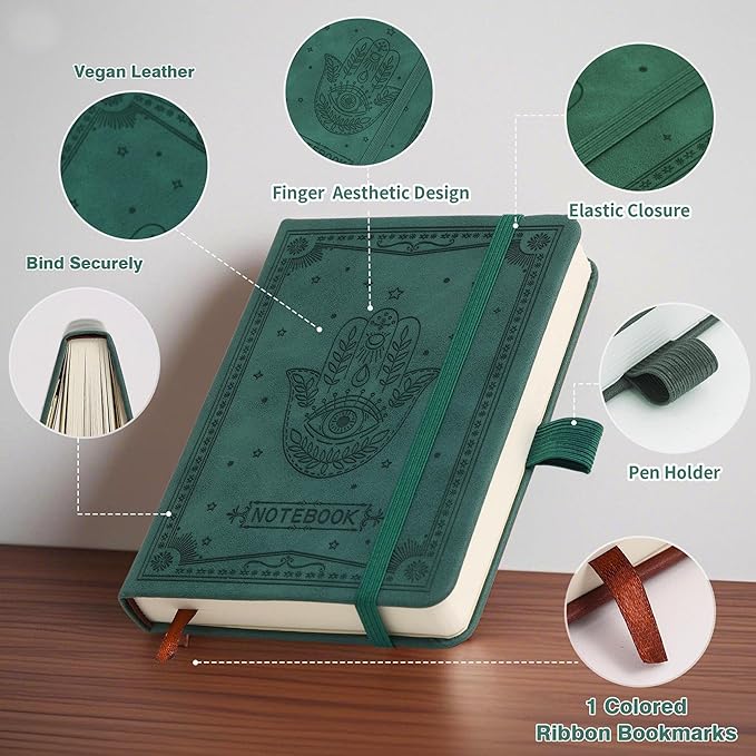 Inner Pocket Notebook Lined Journal 4X 6 Hardcover Leather Notebook 288Page Finger Aesthetic Bound Record College Ruled Reading Diary Notepad For Travel Work School Office Writing Gifts -Green
