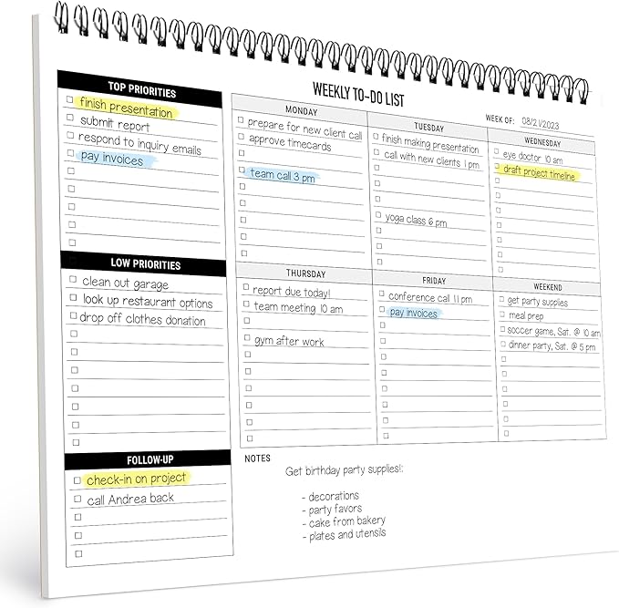 Weekly Planner To Do List Pad - 8.5x11" 52 Sheets Spiral - Desk Notepad with Multiple Sections - Undated Planning Notebook Checklist, Todo Agenda Plan