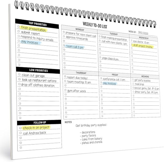 Weekly Planner To Do List Pad - 8.5x11" 52 Sheets Spiral - Desk Notepad with Multiple Sections - Undated Planning Notebook Checklist, Todo Agenda Plan