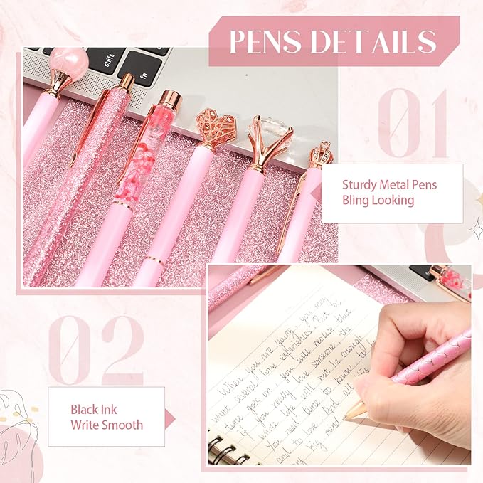 Janmini 9 Pcs Ballpoint Pens Set Metal Crystal Diamond Glitter Pens for Journaling Black Ink Pretty Cute Things Fancy Stationery Gifts for Women Girls Birthday Home Office Desk(Pink)