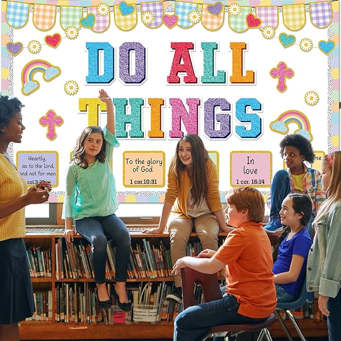 Christian Bulletin Board Decorations Jesus DO All Thing Classroom Bulletin Board Set Religious Motivational Paper Cutouts for Pastel Bible Classroom School Office Home Wall Party Decor Supplies