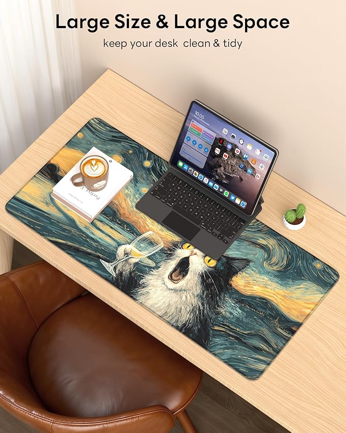 XL Gaming Mouse Pad, 31.5x17.5'' Large Desk Mat with Anti-Slip Rubber Base & Stitched Edges for Gaming, Office, Home - Shocked Cat