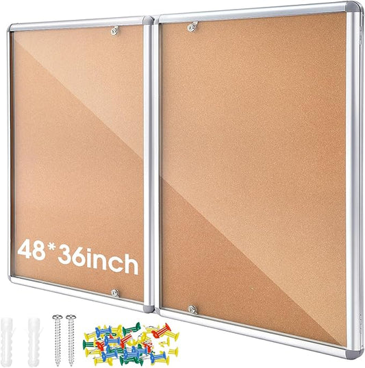 48"x36" Enclosed Bulletin Board Weather Resistant Lockable Outdoor Cork Fabric Display Board Aluminum Frame Wall Mounted 2 Locking Door for Office School Commercial 12xA4(Brown, Silver Frame)