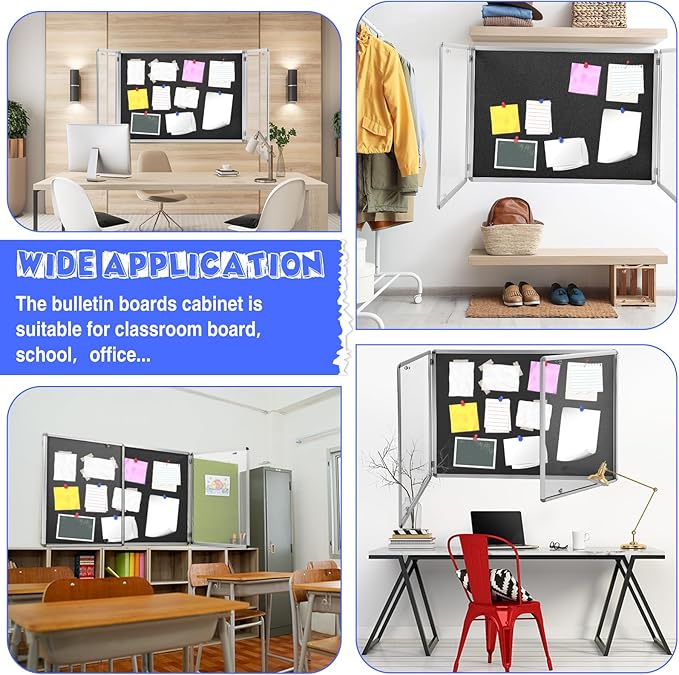 48"x36" Enclosed Bulletin Board Weather Resistant Lockable Outdoor Cork Fabric Display Board Aluminum Frame Wall Mounted 2 Locking Door for Office School Commercial 12xA4(Black, Silver Frame)