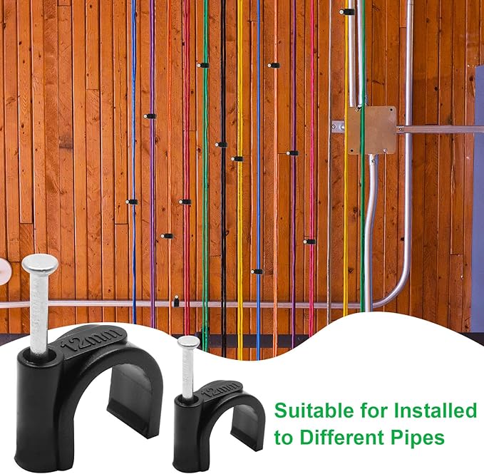 100pcs 1/2" / 12mm Half Clamp J-Hook with Nail, Nail in Cable Clips Ethernet Cable Nails Tacks Clips, Black